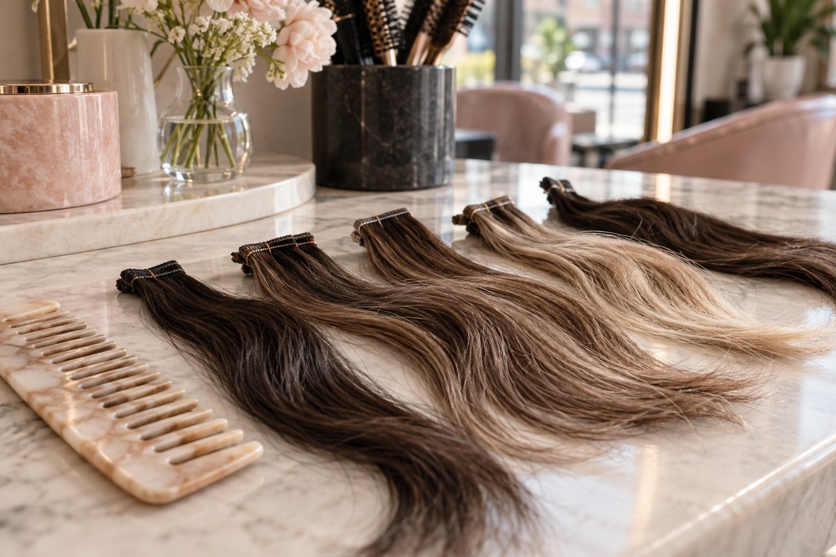 Illustrative loose hair extension swatches showing brunette and blonde shades beside a comb